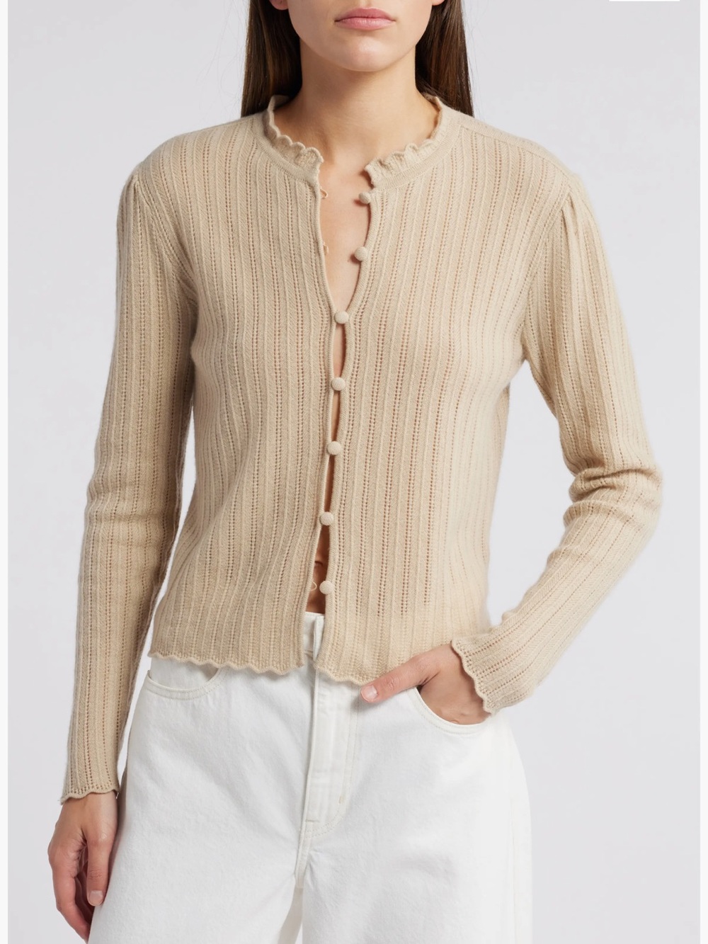 Frame Ruffle Neck Pointelle Cashmere Cardigan in Tan, Size Small